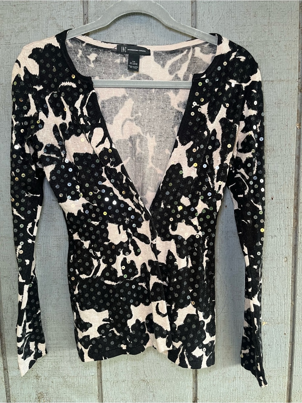 INC International Concepts Floral Sequin Long Sleeve Blouse in Black & Beige